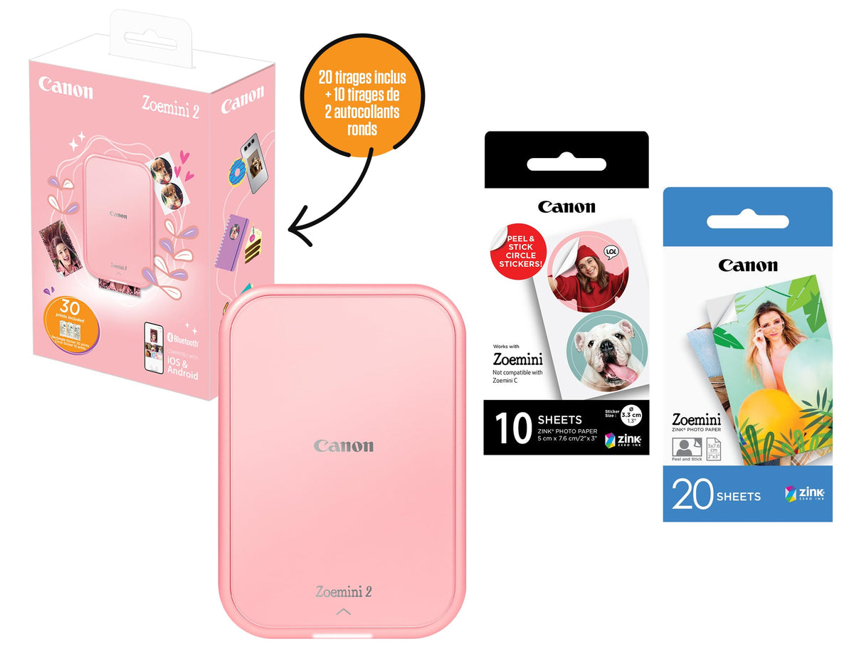 Canon Zoemini 2 Mini Fotodrucker mobil, portabil, ideal pentru utilizare în deplasare, se încadrează ușor în buzunar. Kit de imprimare & ZP-2030 cu hârtie foto Zink originală, 50 de foi. Zoemini este o cameră foto instantanee/imprimantă foto.