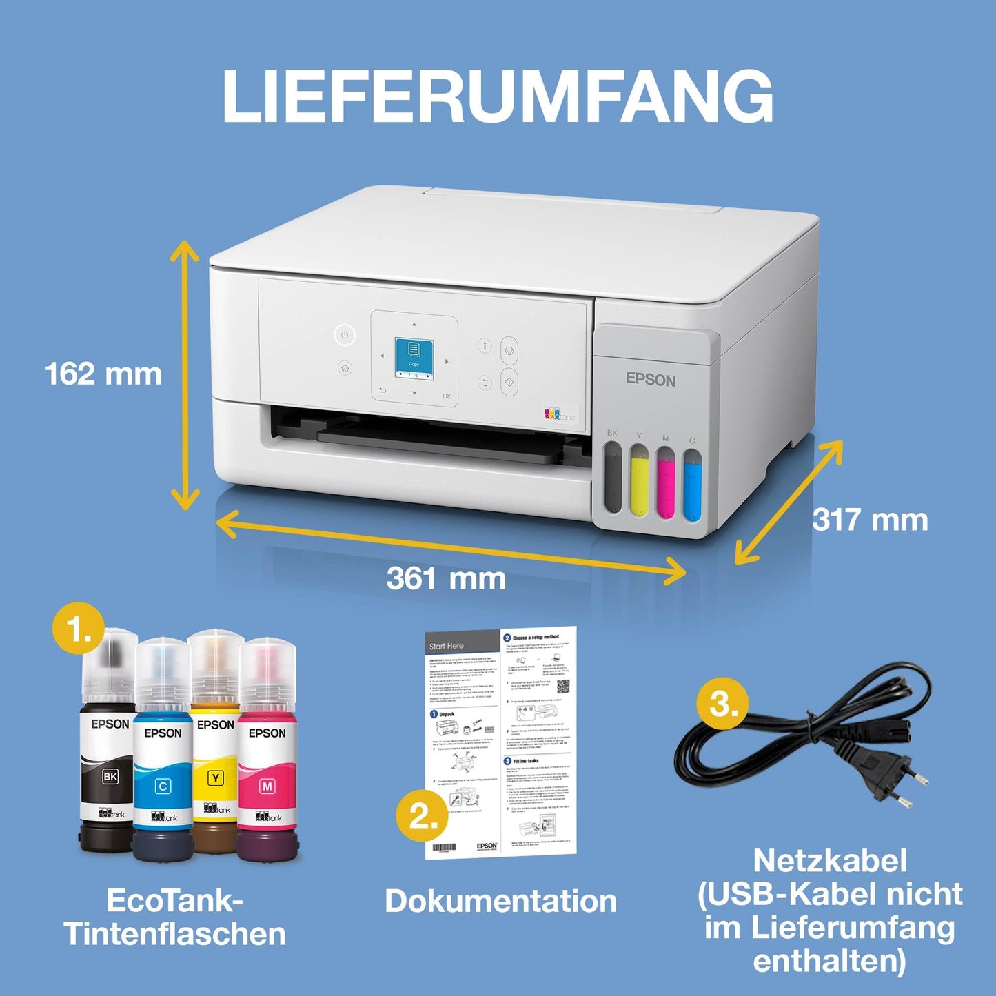 Epson EcoTank ET-2926 | For busy households | Wi-Fi | A4 | Print, Copy, Scan | LC display | AirPrint compatible | Compact | Contains up to 3 years of ink