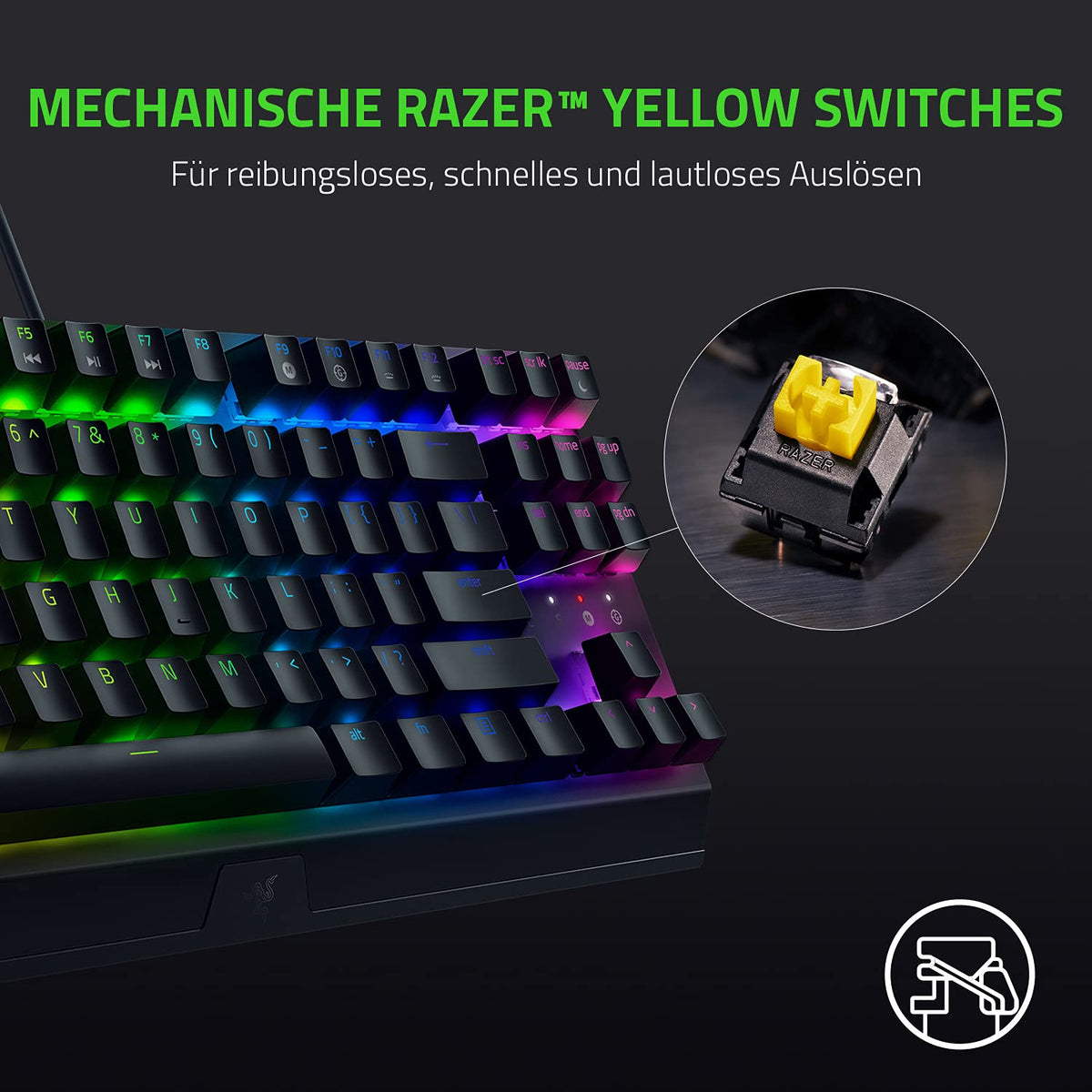 Razer BlackWidow V3 Tenkeyless (Yellow Switch) - Tastatur mecanică pentru gaming fără bloc numeric (Switch-uri mecanice silențioase, compactă, taste complet programabile) layout QWERTY US | Negru - RZ03-03491800-R3M1