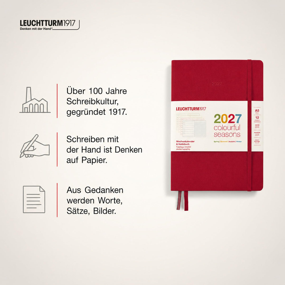 LEUCHTTURM1917 Calendar săptămânal și caiet cu punct mediu (A5) 2027, anotimpuri colorate roșu, germană, cartonată, prezentare generală a calendarului 2026/2027/2028, prezentare generală a planificării 01.27-12.28, planificator de proiect, buzunar