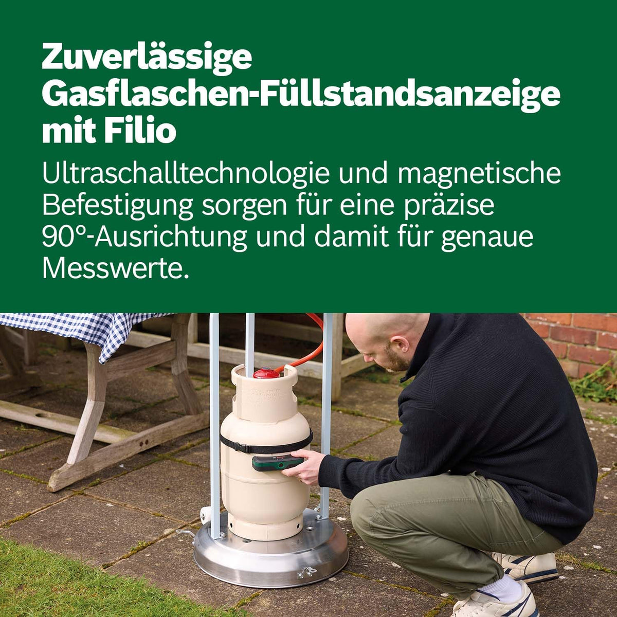 Bosch Filio Gas Level Indicator (Ultrasound technology, compatible with 200–350 mm steel and aluminum gas cylinders, LED display, battery status indicator, magnetic mounting) - 0603684000