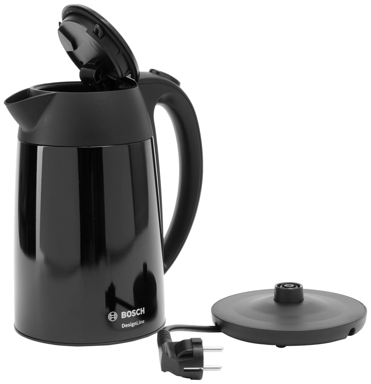 Bosch cordless kettle DesignLine TWK3P423  
 DesignLine cordless kettle, spill-free pouring, cup indicator, water level indicator, overheating protection, 1.7 L, 2400 W, black