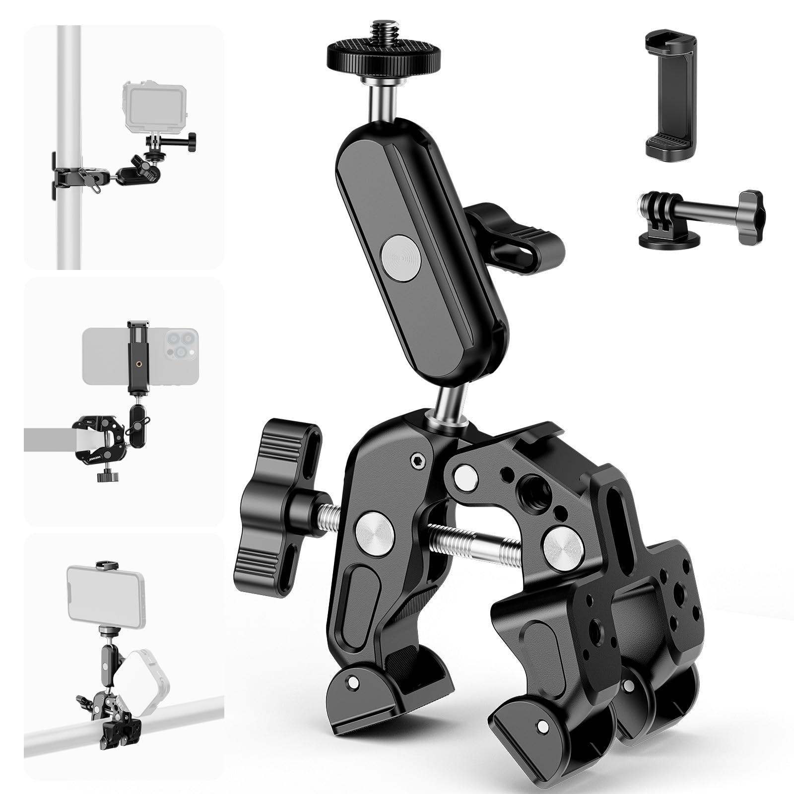 NEEWER Super Clamp with 3" Dual Ball Head Magic Arm, Camera Mobile Phone Holder with 1/4" 3/8" Thread Cold Shoe Mobile Phone Holder, Action Camera Adapter Compatible with GoPro DJI iPhone 16 15 Pro Max ST88 - 10105338