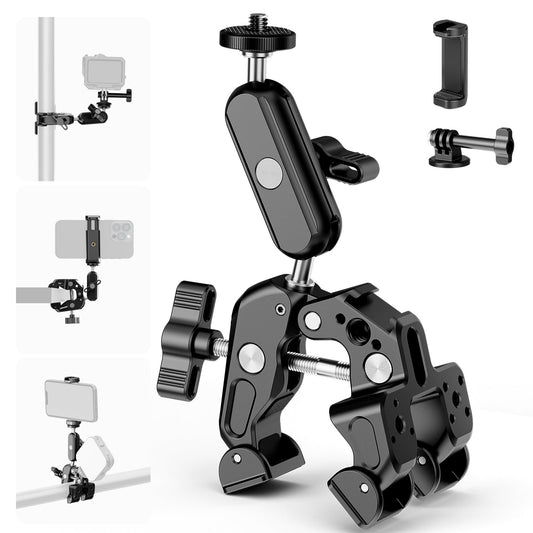 NEEWER Super Clamp with 3" Dual Ball Head Magic Arm, Camera Mobile Phone Holder with 1/4" 3/8" Thread Cold Shoe Mobile Phone Holder, Action Camera Adapter Compatible with GoPro DJI iPhone 16 15 Pro Max ST88 - 10105338