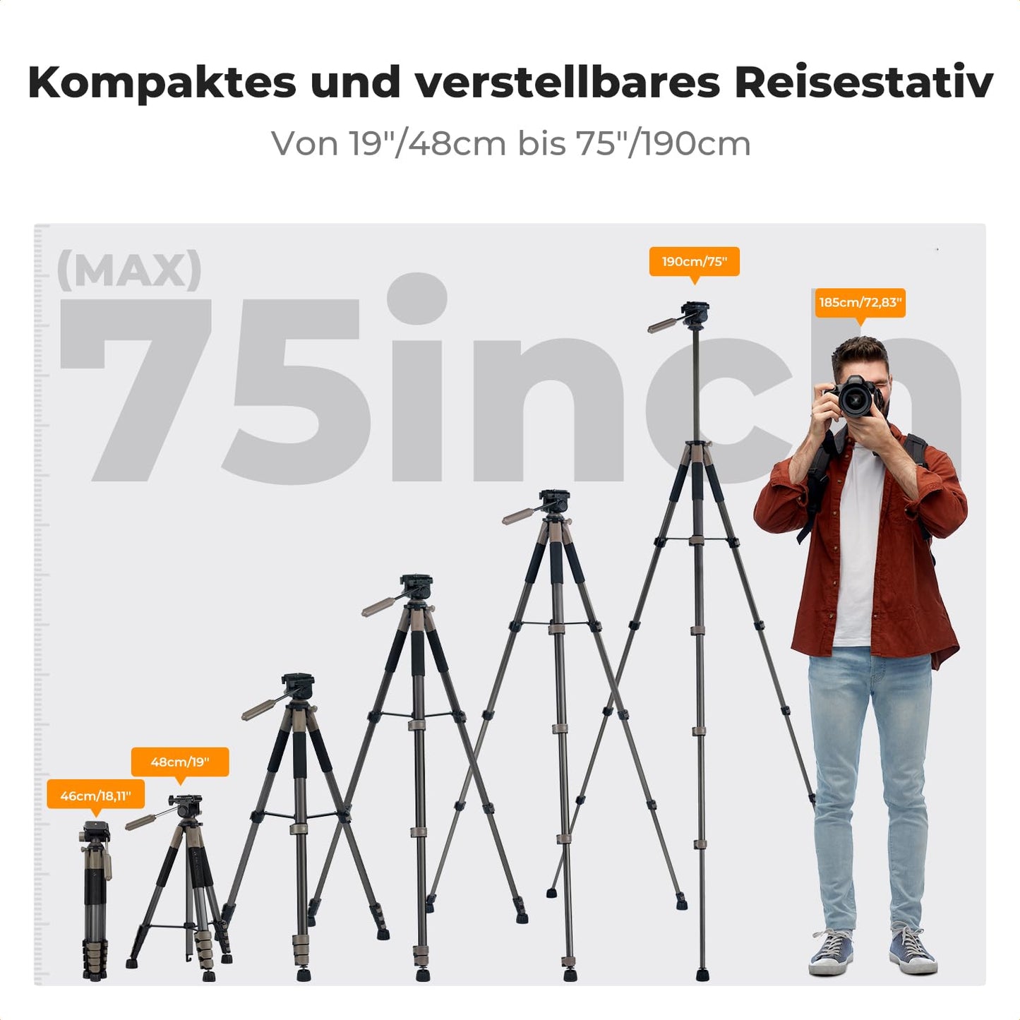K&F CONCEPT Aluminum Camera Tripod S255A3+BV01, Lightweight Tripod with Bag, 190cm Mobile Phone Tripod for Canon Nikon Sony Camera/DSLR/Camcorder/Smartphone, Travel Tripod with Mobile Phone Tablet Holder (Grey)