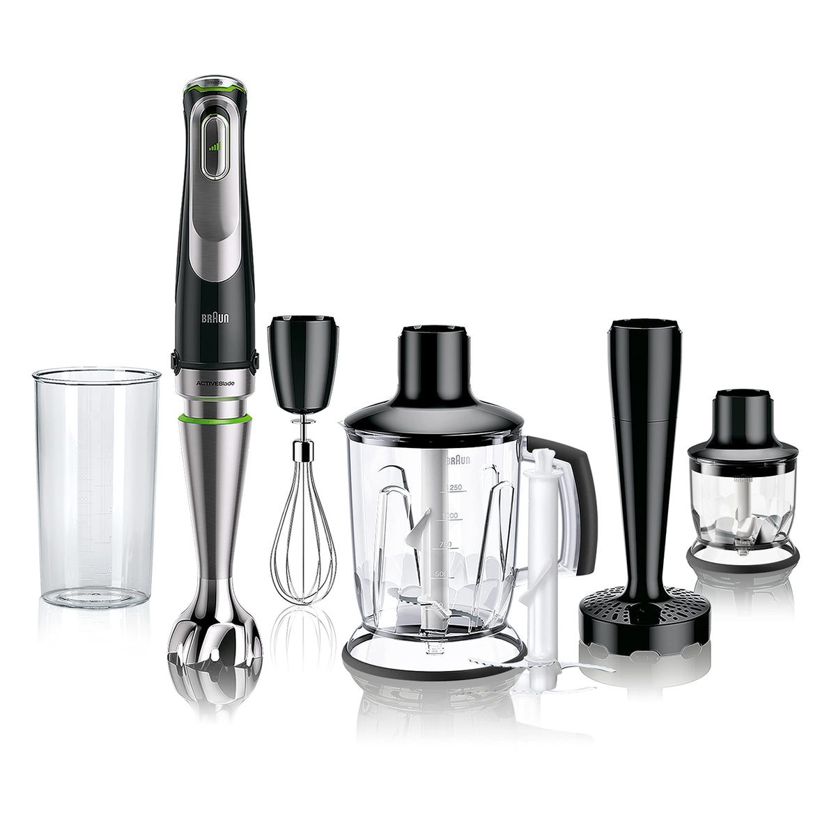 Braun MultiQuick 9 MQ 9147X – Blender de mână 6 în 1 cu accesoriu pentru blender de masă, zdrobitor de cartofi și legume și tel, reglare continuă a vitezei, 1200 W, Negru/Acier inoxidabil