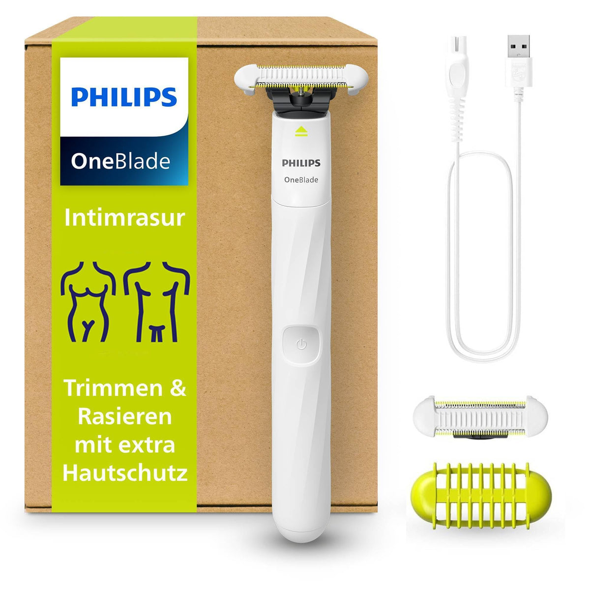 Philips OneBlade Intimate, pentru epilare intimă, tăiere și ras cu protecție suplimentară pentru piele, pentru o rasare temeinică și plăcută – fără a rade complet, model QP1924/30