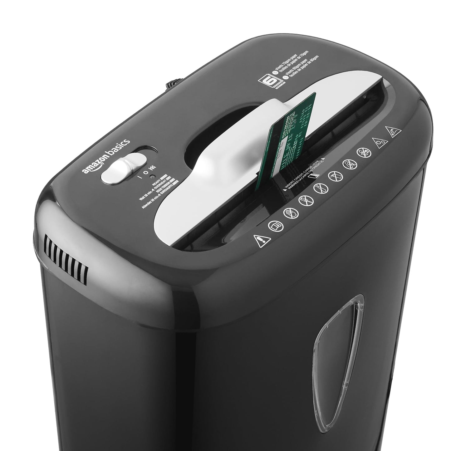 Amazon Basics document shredder with microparticle cut, 5-6 sheets, with transparent viewing window, for documents and credit cards, 15.5l collection container, black - AU610MA