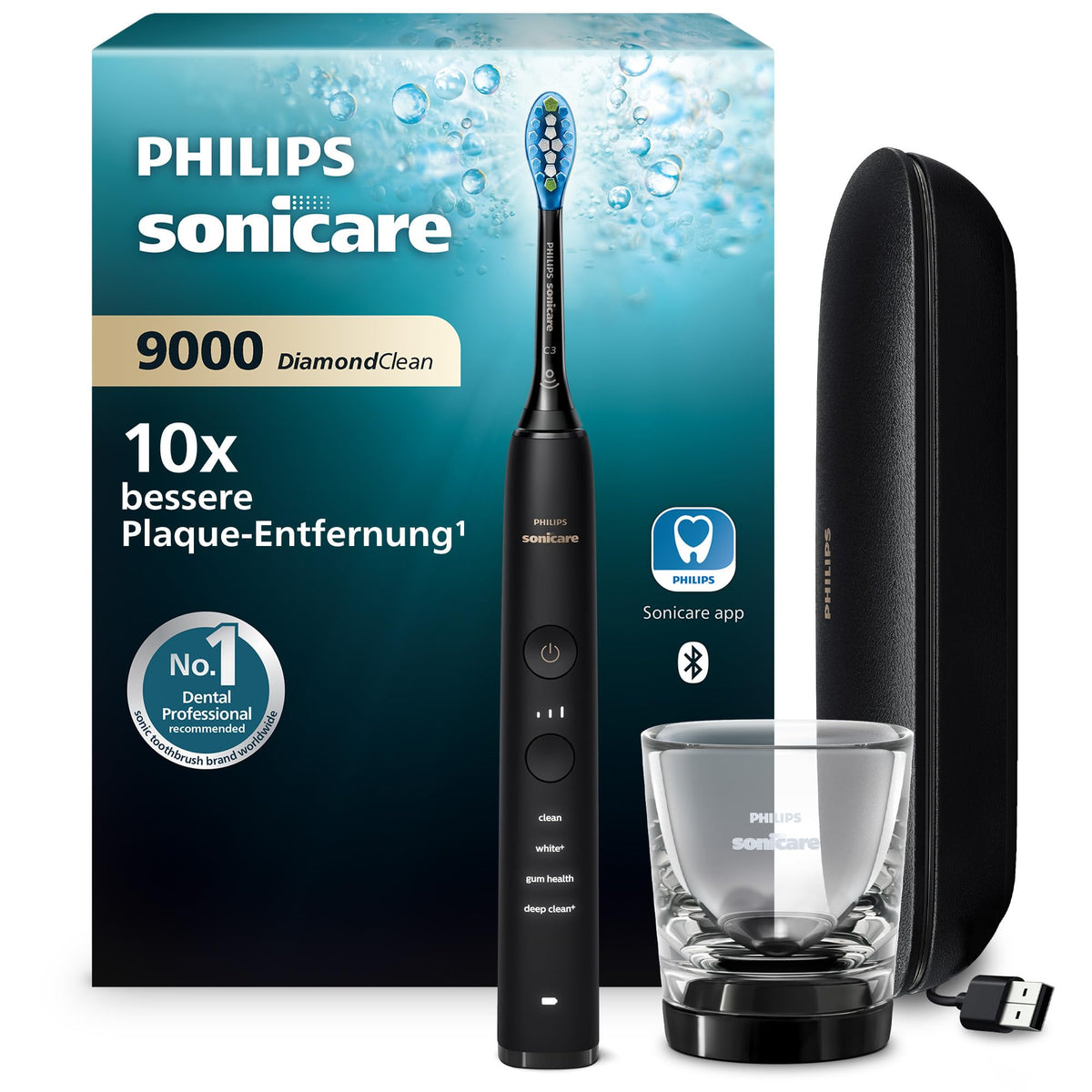 Periuță de dinți electrică Philips Sonicare DiamondClean 9000, periuță sonică cu aplicație, senzor de presiune, 4 moduri de curățare, 3 niveluri de intensitate, pahar de încărcare și husă de călătorie USB, negru, model HX9911/09