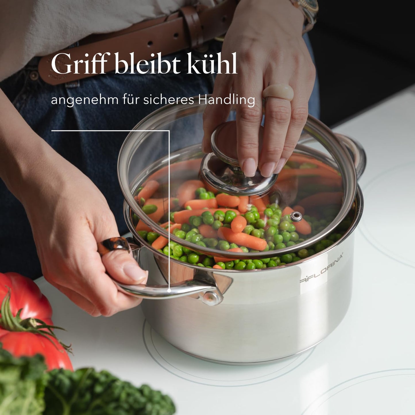 FLORINA stainless steel pot 3.5 l 20 cm diameter I Energy-saving cooking pot FALCON I Pot with glass lid and measuring scale I 3-layer base even heat distribution I Ideal for all types of stoves - 5G1043