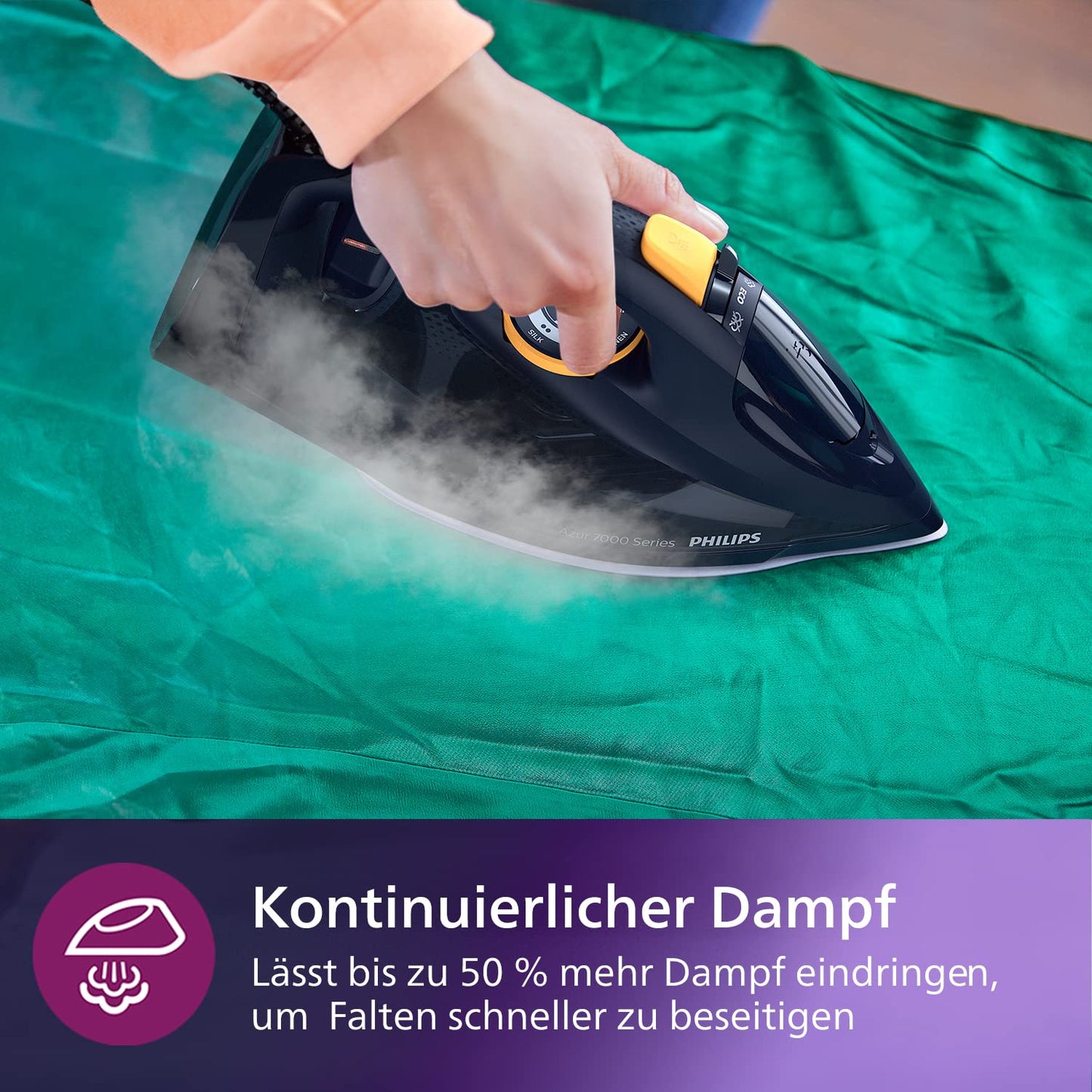 Philips Azur 7000 Series Steam Iron - 3000W, 55 g/min Continuous Steam, 250 g Steam Shot, Vertical Steam, SteamGlide Elite Soleplate, Dark Blue/Yellow (DST7060/20)