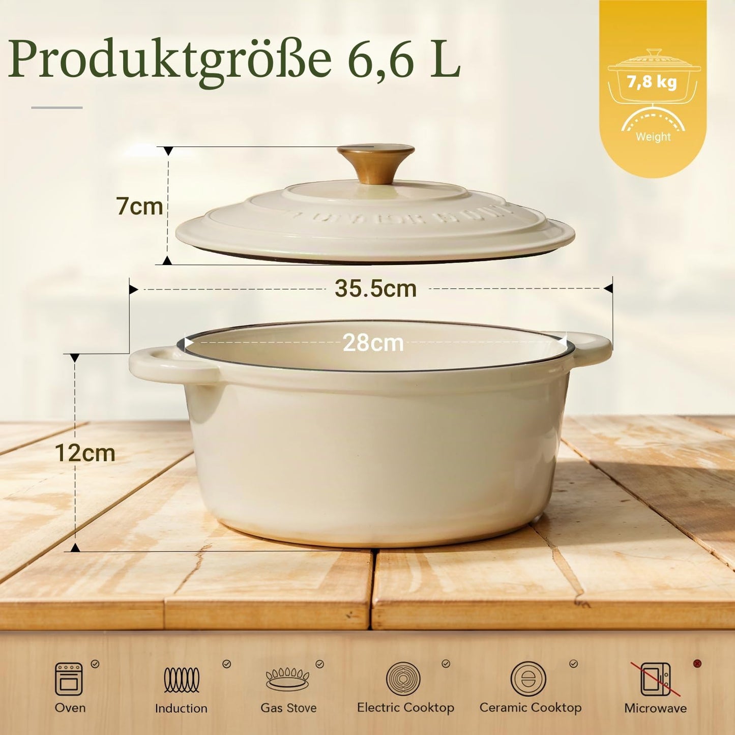 Overmont roasting pan enamel cast iron pot - casserole 28cm oven-safe - with lid and cookbook - for kitchen baking stewing roasting white - Enamelled