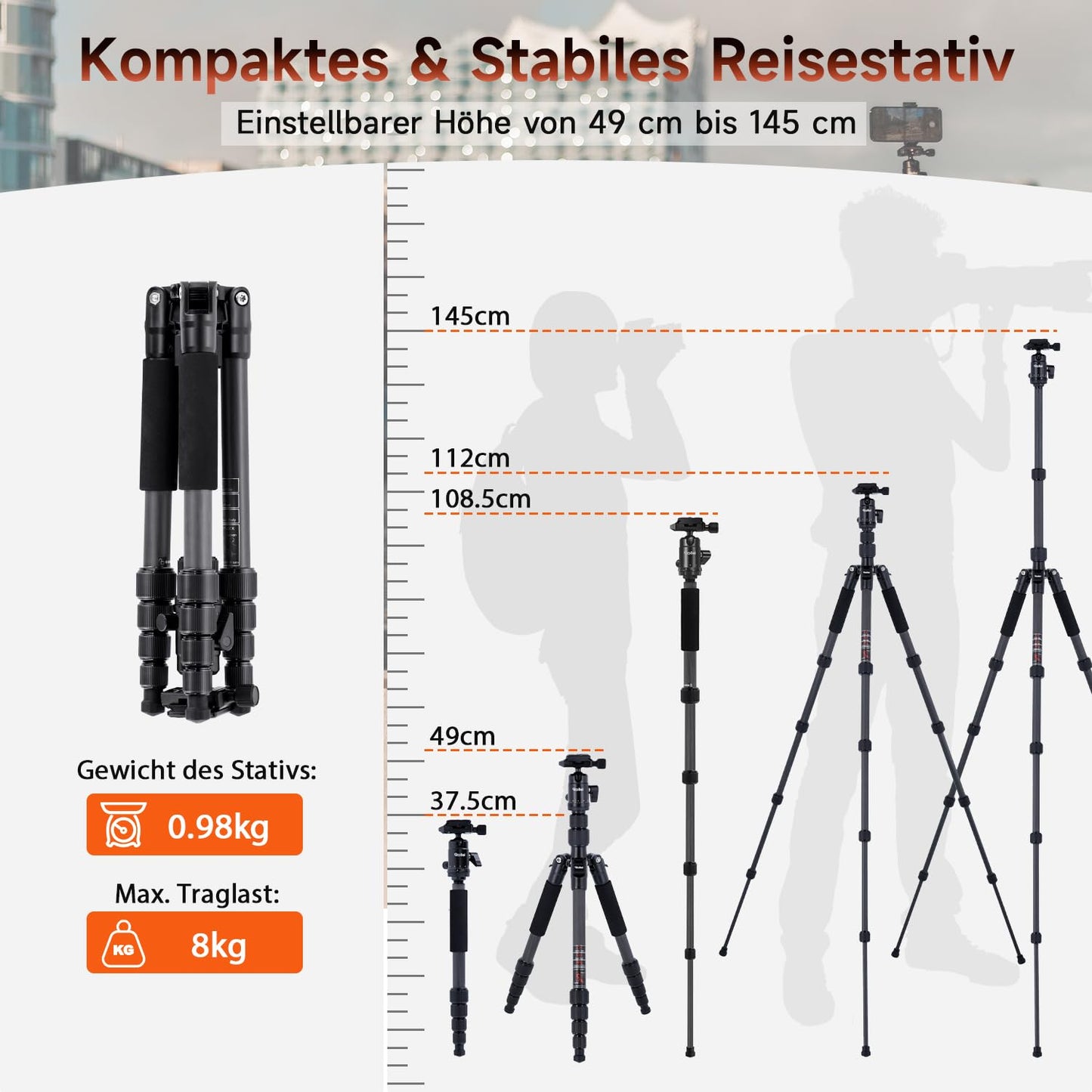 Rollei Compact Traveler No.1 Carbon Black, 145cm camera tripod Lightweight travel tripod with ball head Arca Swiss compatible Compact photo tripod with monopod function for DSLR & smartphone Pack size 34cm - 22578