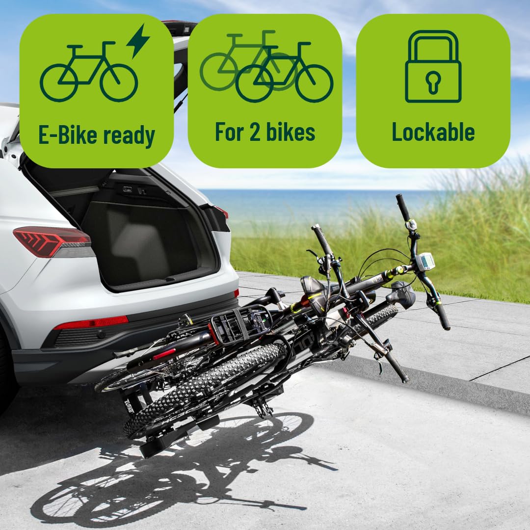 EUFAB 11521 bicycle carrier PREMIUM 2, suitable for e-bikes, completely pre-assembled, anti-theft protection, for 2 bicycles, for trailer hitch, black, silver