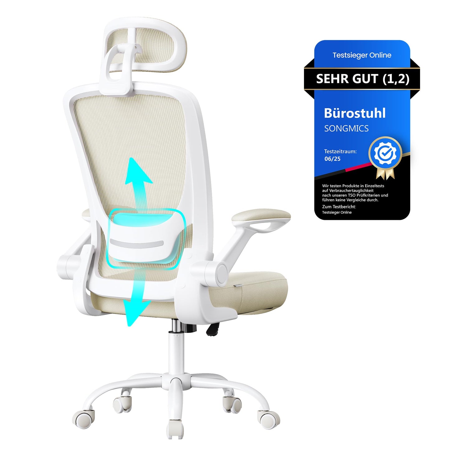 SONGMICS ergonomic office chair, swivel chair with mesh, lumbar and headrest, rocker function, 53 cm seat, folding armrests, study and bedroom, students, cappuccino beige OBN047K01