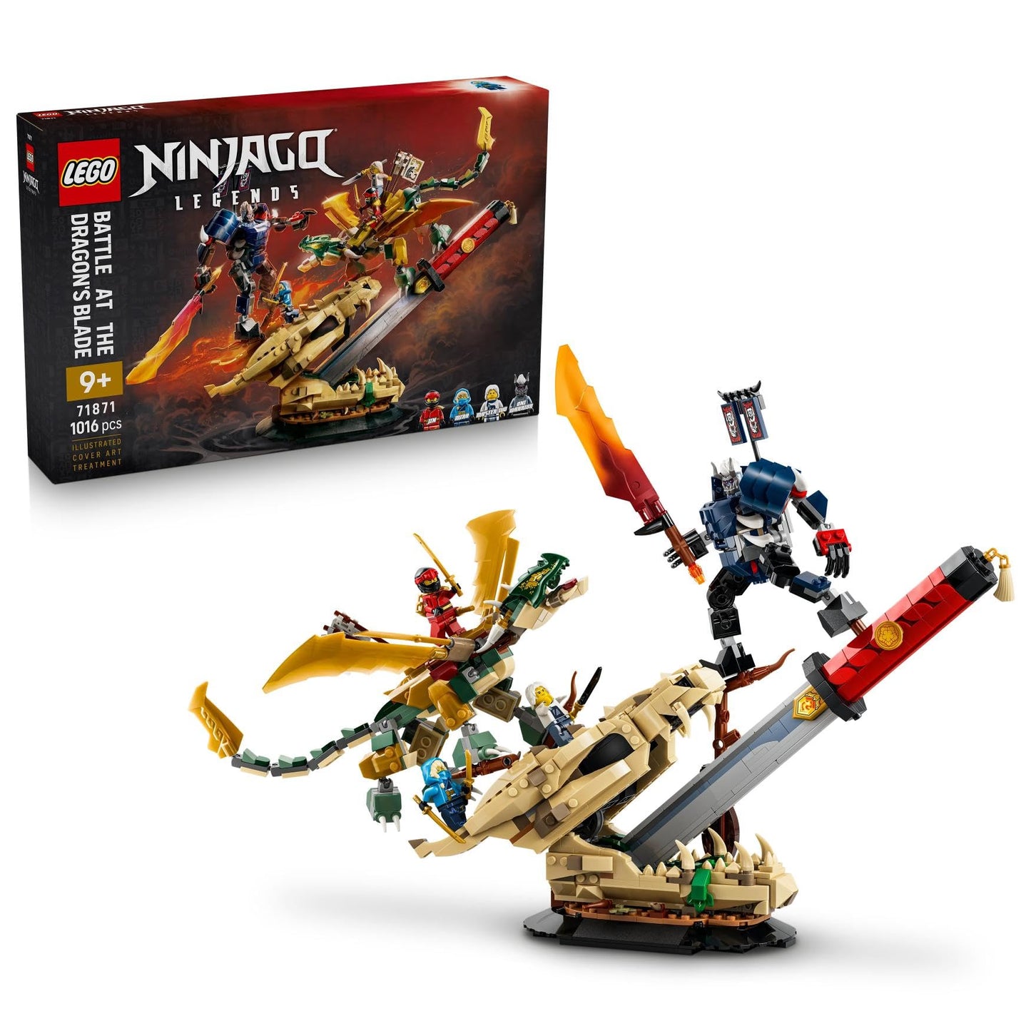 LEGO NINJAGO Showdown on the Dragon Blade - Ninja toy with dragon, mech action figure & 4 minifigures with katanas - children's room decoration - gift idea for ages 9 and up and fans - 71871