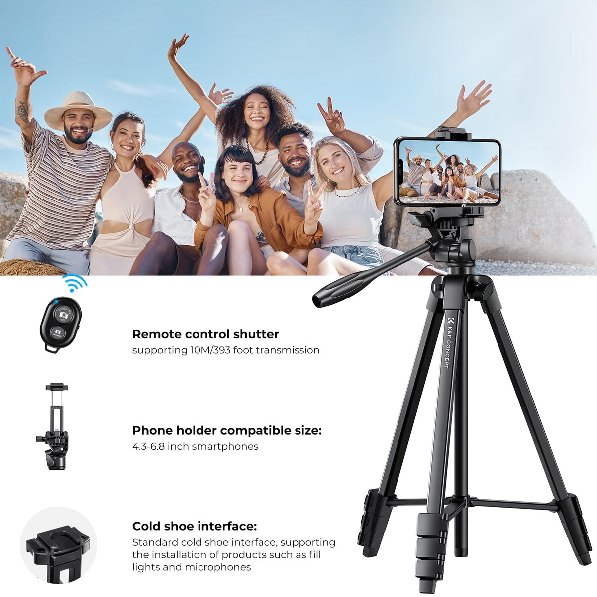 K&F CONCEPT Stativ din aluminiu de 152 cm, cu suport pentru smartphone - KF09.125