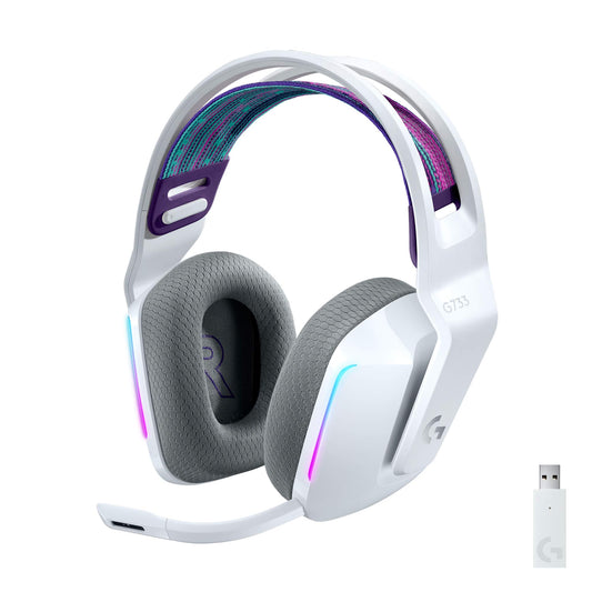 Logitech G733 LIGHTSPEED wireless gaming headset with headband, LIGHTSYNC RGB, Blue VO!CE microphone technology, PRO G speakers, ultralight, 29-hour battery life, 20m range - white - 981-000883