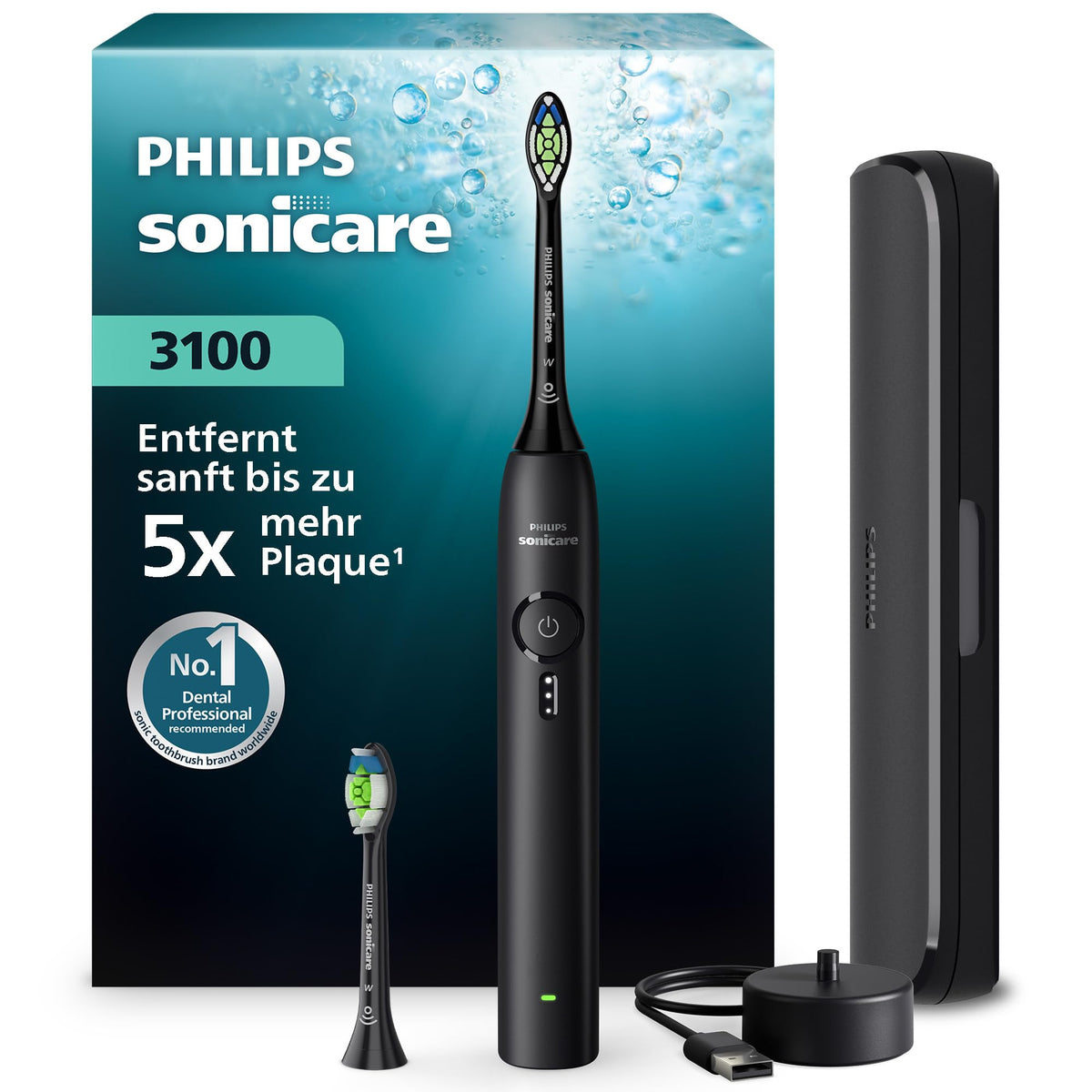 Philips Sonicare Series 3100 Electric Toothbrush – Sonic toothbrush with pressure sensor, 3 intensity levels, EasyStart, SmartTimer, 14 days of battery life, travel case, Black, HX4034/22, [New]