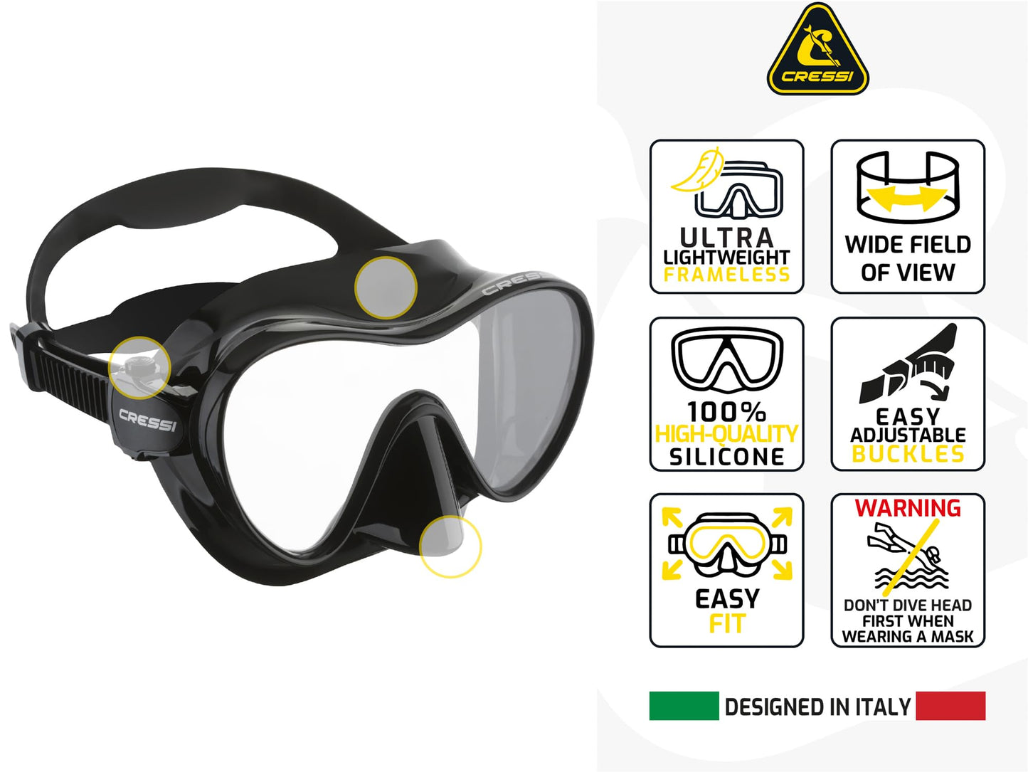 Cressi Frameless Diving Mask F1 - Fog-free Glass Lens, Diving Goggles - Ergonomic Silicone Rim, Snorkel Mask - Dry Snorkel & Snorkel Set - White - Mask - ZDN283000