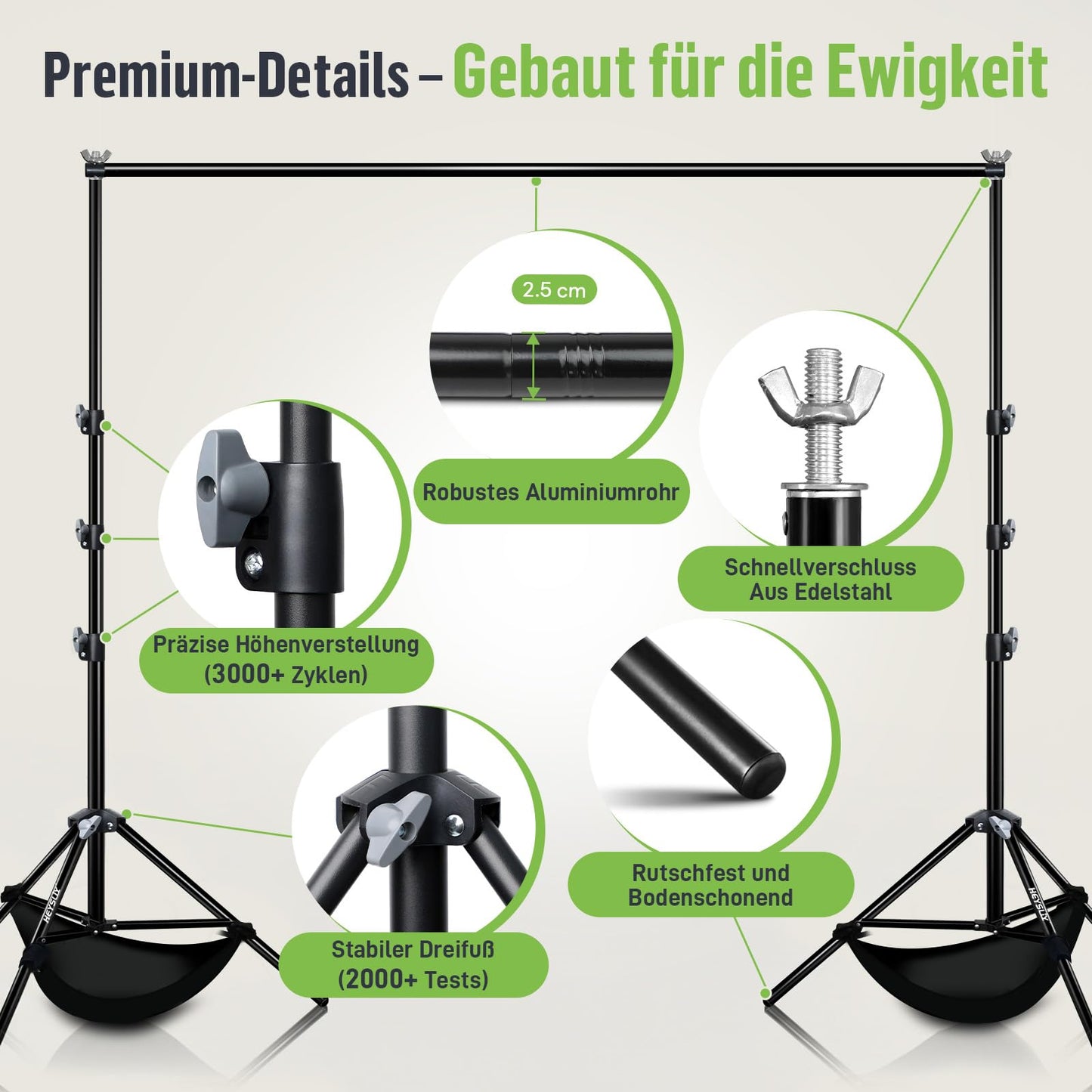 Heysliy Background Stand Set, Professional Photo Background Stand Adjustable (1-3m Height/1.5-3m Width) with Carry Bag - Background System for Studio & Photo Wall Party | Compatible with backdrops - BS01
