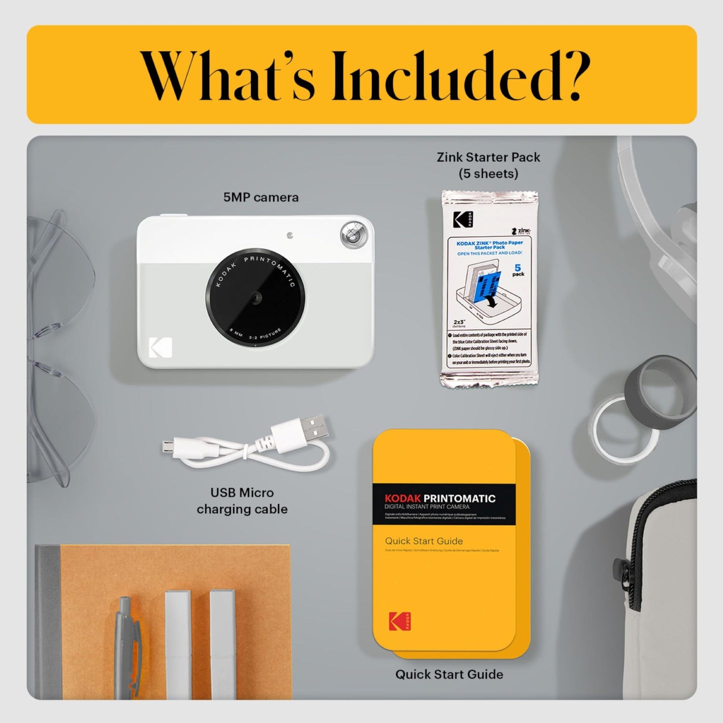 Kodak Printomatic Instant Camera – 75 Sheet Package – 5MP – Zinc 2x3 Photos – Portable – Gray - AMZNBRODMATGR