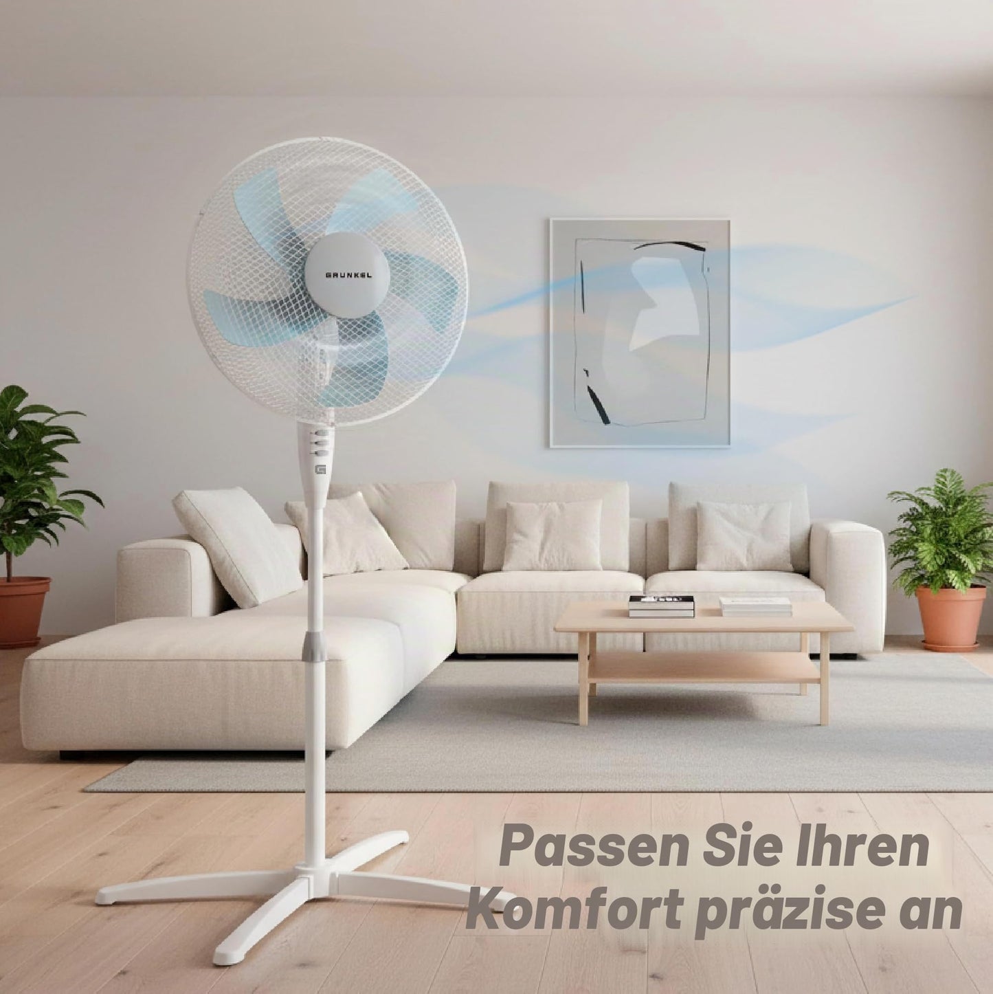 Grunkel - 16" pedestal fan with 3 speed levels and height adjustment - FAN-G165X - leaf base with 62 cm diameter and 3 semi-transparent blades - 50 W - white - FAN-165XNG