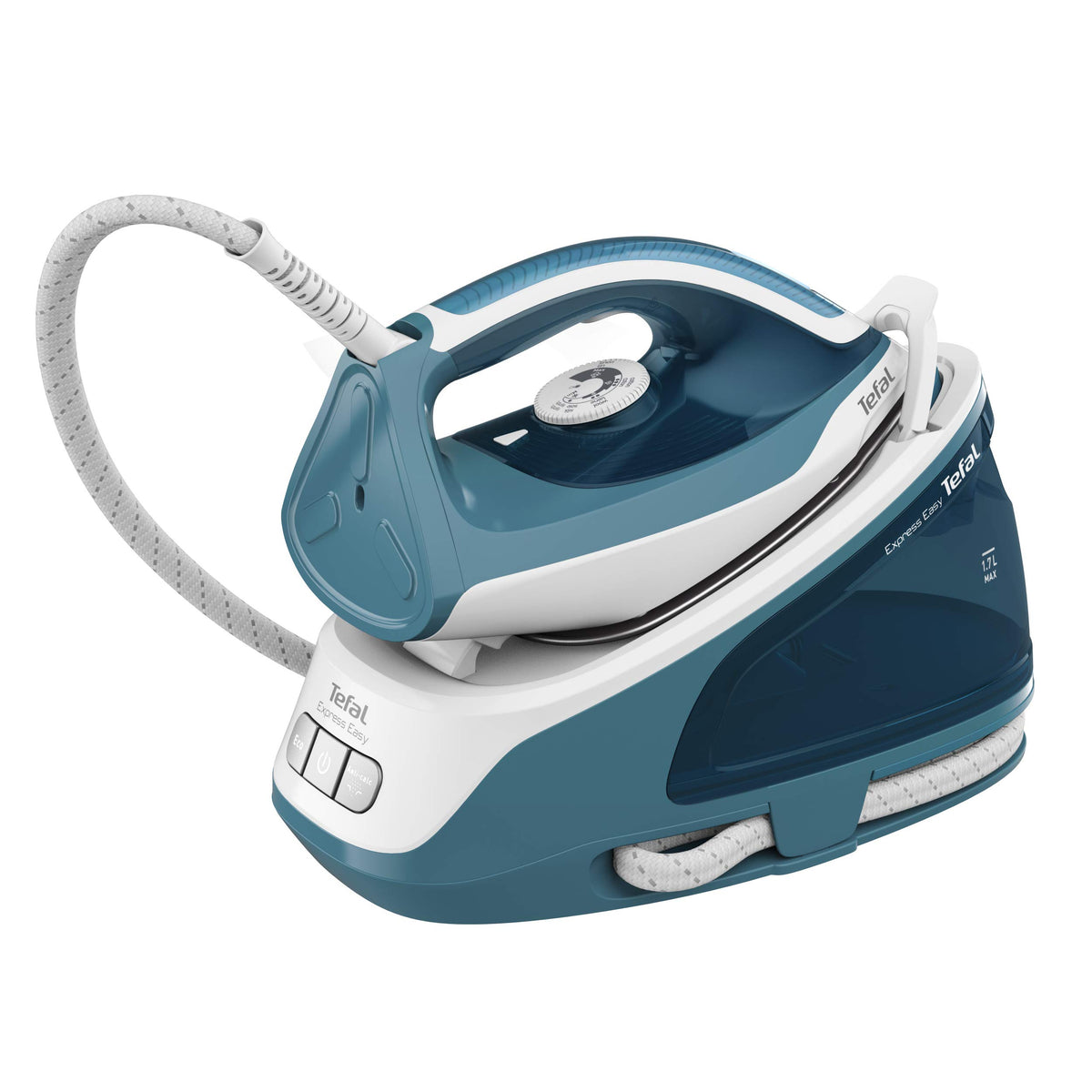Tefal Express Easy Steam Station for all fabrics, quick ironing with high steam output, anti-calc system with removable calc collector, vertical steaming, and automatic shut-off, Turquoise/White. - SV6131