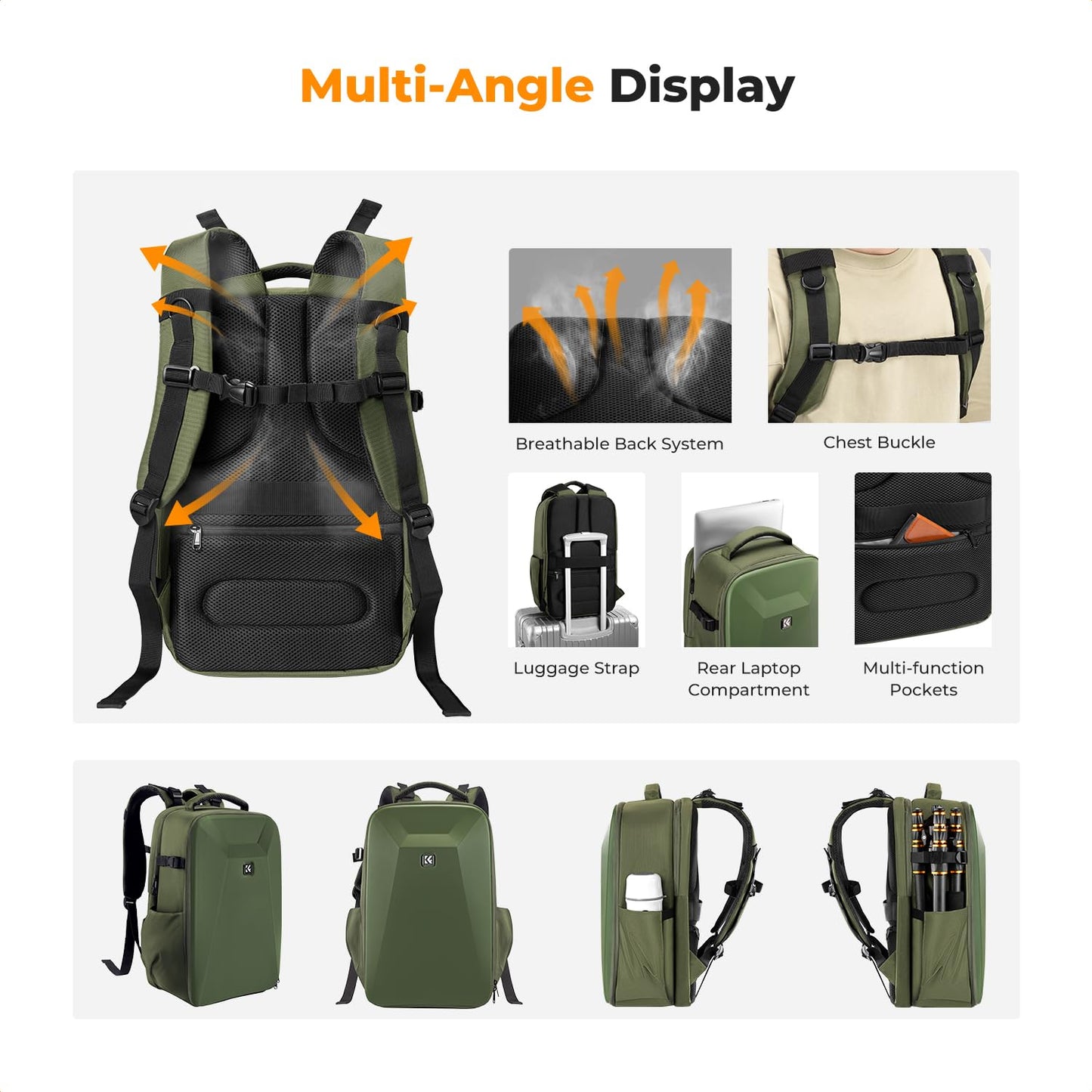 K&F CONCEPT camera backpack photo backpack with hard shell camera bag with 15.6 inch laptop compartment and rain cover, backpack for drones - KF13.134V3