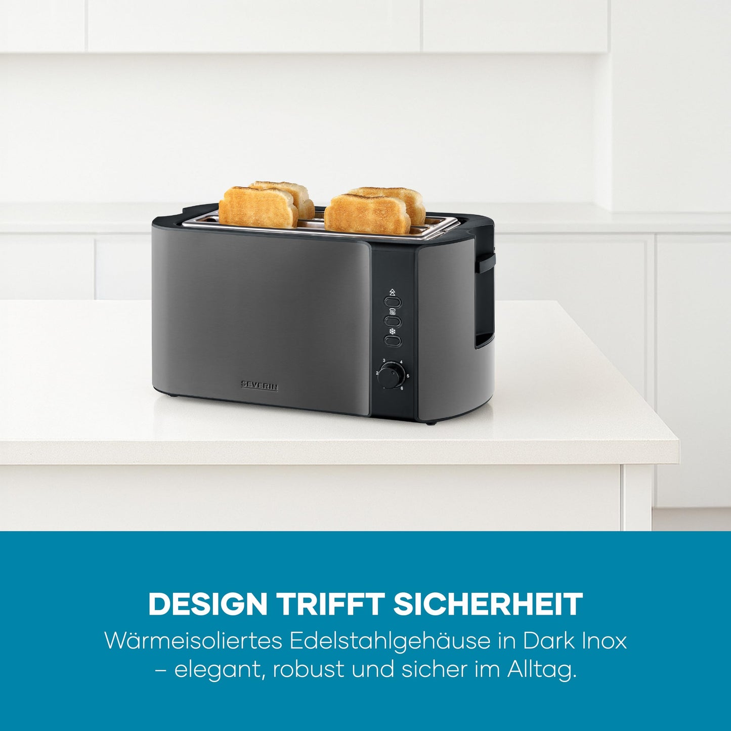Severin automatic high-quality stainless steel toaster with large roasting chambers and 1400 W power, defrost function, dark inox/black