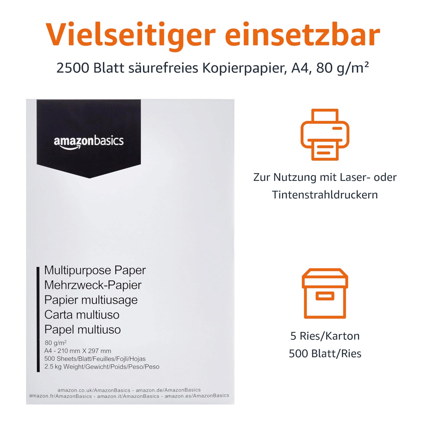 Amazon Basics Printer Paper A4 80gsm Pack of 2500 5 Packs of 500 White - MTPR-2500