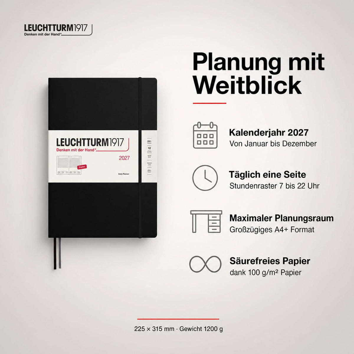 LEUCHTTURM1917 Daily Calendar 2027 A4+ (Master) - English, Black, 225 x 315 mm, January-December (12 months), 1 page per day, hourly grid 7:00-22:00, hardcover, 100 g/m² paper - 400323