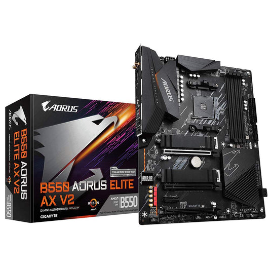 Placa de bază GIGABYTE B550 AORUS Elite AX V2 – compatibilă cu procesoarele AMD Ryzen 5000, 12+2 faze VRM, până la 4733 MHz DDR4, 1xPCIe 4.0 + 1xPCIe 3.0 M.2, Wi-Fi 6E, LAN 2.5GbE, USB 3.2 Gen 2