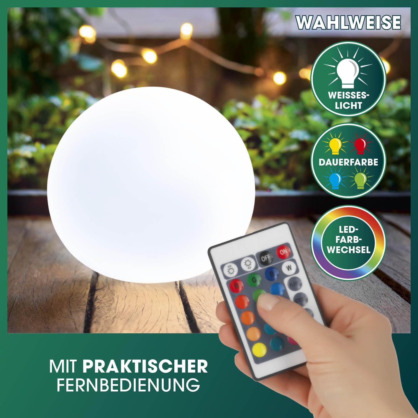 EASYmaxx LED solar light with remote control | 3 cold white lights - balls with solar operation & color changing | dimmable brightness levels, 12 colors & 5 light modes | including ground spike & insulation sensor - Solar-LED