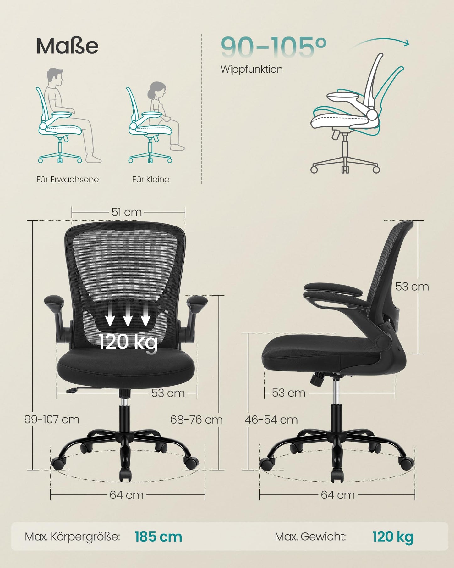 SONGMICS ergonomic office chair, swivel chair with mesh, lumbar and headrest, rocker function, 53 cm seat, folding armrests, study and bedroom, students, black OBN37BK