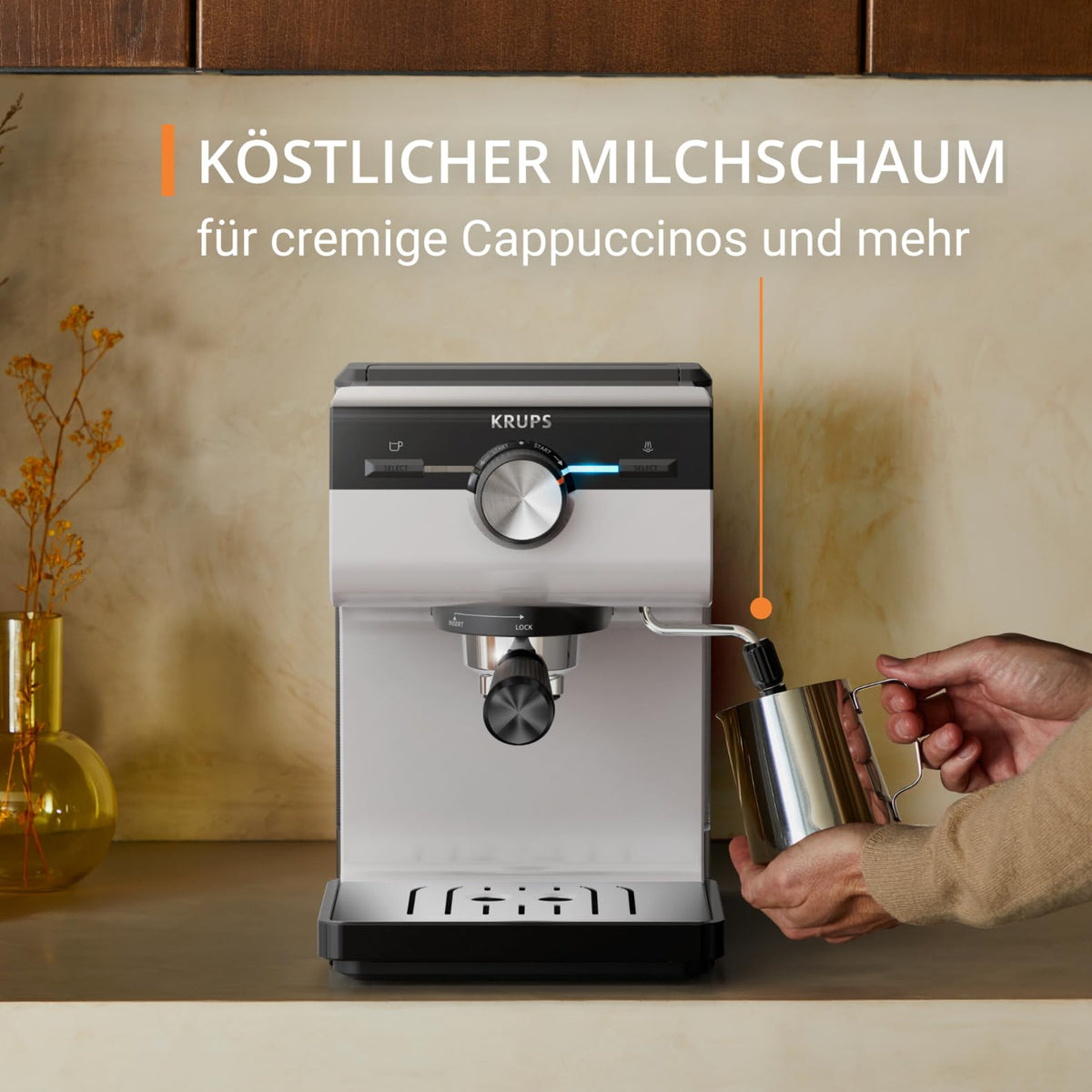 Krups Authentic Espresso Machine, 15 bar, intuitive operation, refined design, integrated steam nozzle, 2 L water tank, including accessories, Grey/Cream, XP381B10