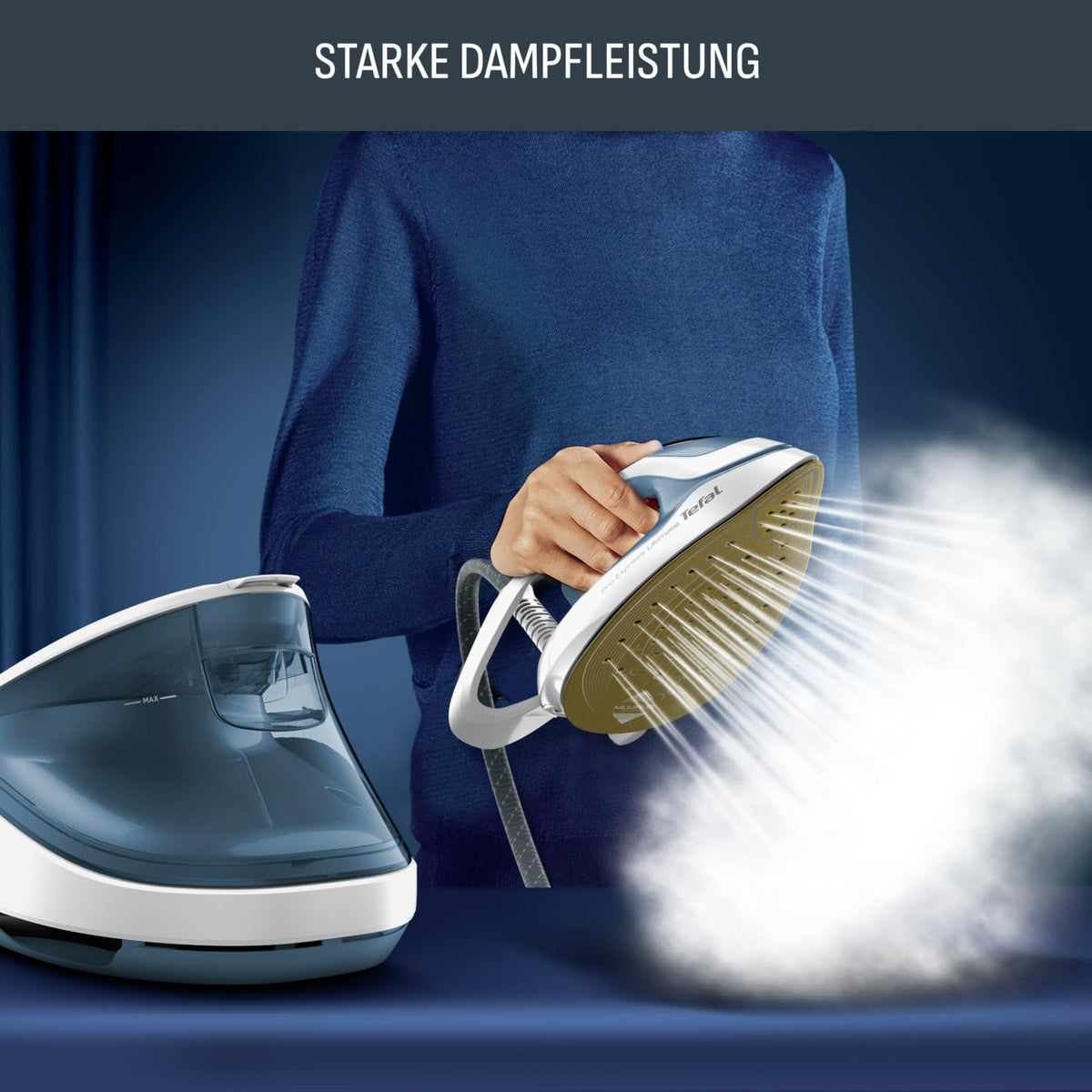 Tefal Pro Express Ultimate stație de călcat cu aburi, 7,6 Bar presiune a aburului, eliberare constantă a aburului: 155 g/min., impuls de abur: 580 g/min., fără setări, funcție de abur vertical, Alb/Albastru, GV9710