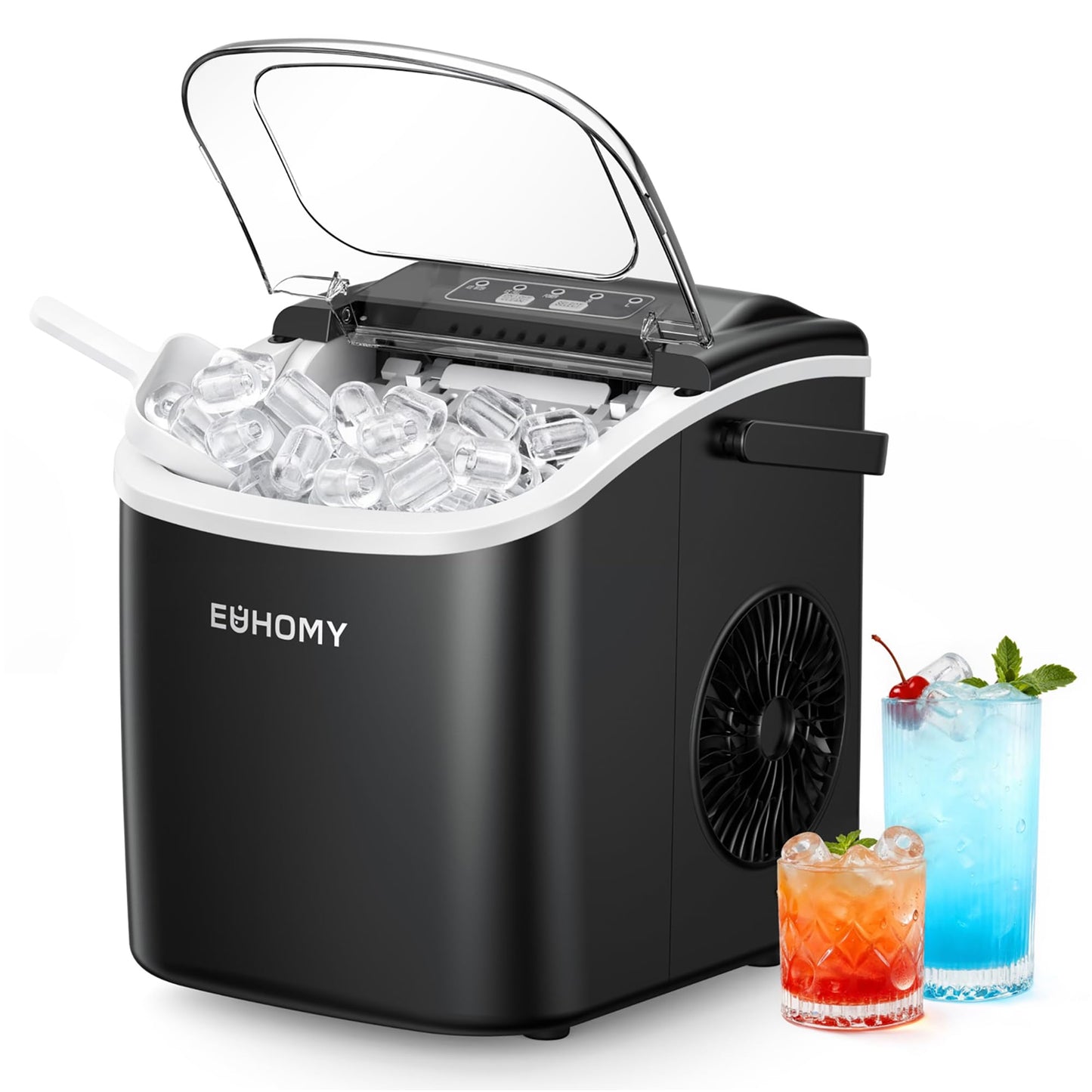 EUHOMY Small Ice Cube Machine, 12KG Ice Cube Maker, 9 Cubes Ready in 6 Minutes, Black Ice Cube Machine with Portable Handle, 12KG/24H, Self-Cleaning Ice Cube Machine - DE-IM06D-02-AZ-HM