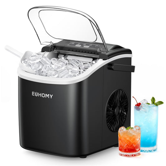 EUHOMY Small Ice Cube Machine, 12KG Ice Cube Maker, 9 Cubes Ready in 6 Minutes, Black Ice Cube Machine with Portable Handle, 12KG/24H, Self-Cleaning Ice Cube Machine - DE-IM06D-02-AZ-HM