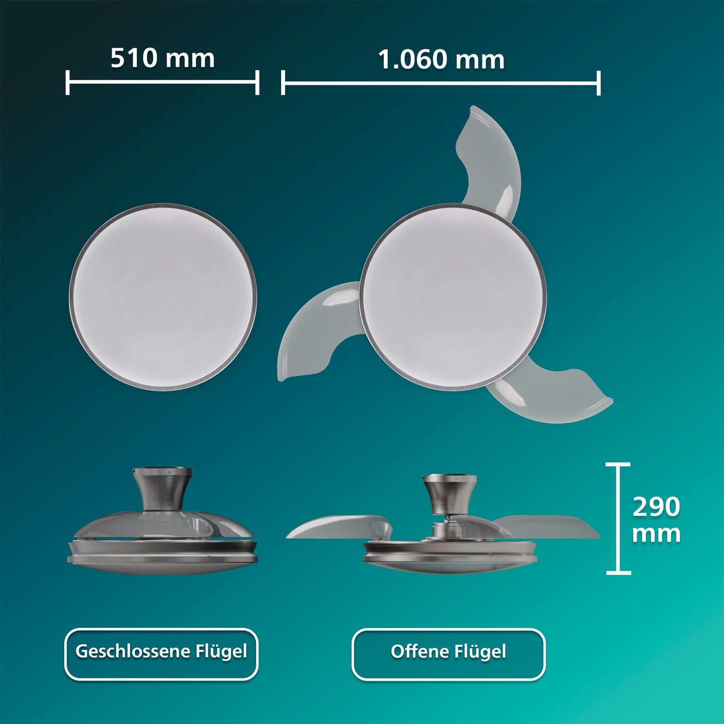 Philips Atlas ceiling fan with LED light and retractable blades, 3 blades, 106 cm wingspan, 4,500 lumens, adjustable. Light (3,000 K to 6,500 K), dimmable up to 5%, incl. remote control, nickel - 929004749901