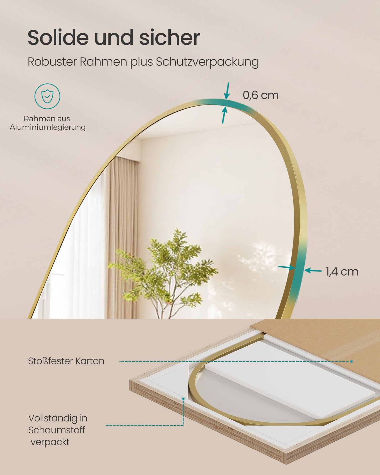 SONGMICS Full Length Mirror 150x40cm Curved Standing Mirror Aluminum Alloy Frame Tempered Glass for Bedroom Living Room Cloakroom Pale Gold LFM035AB01