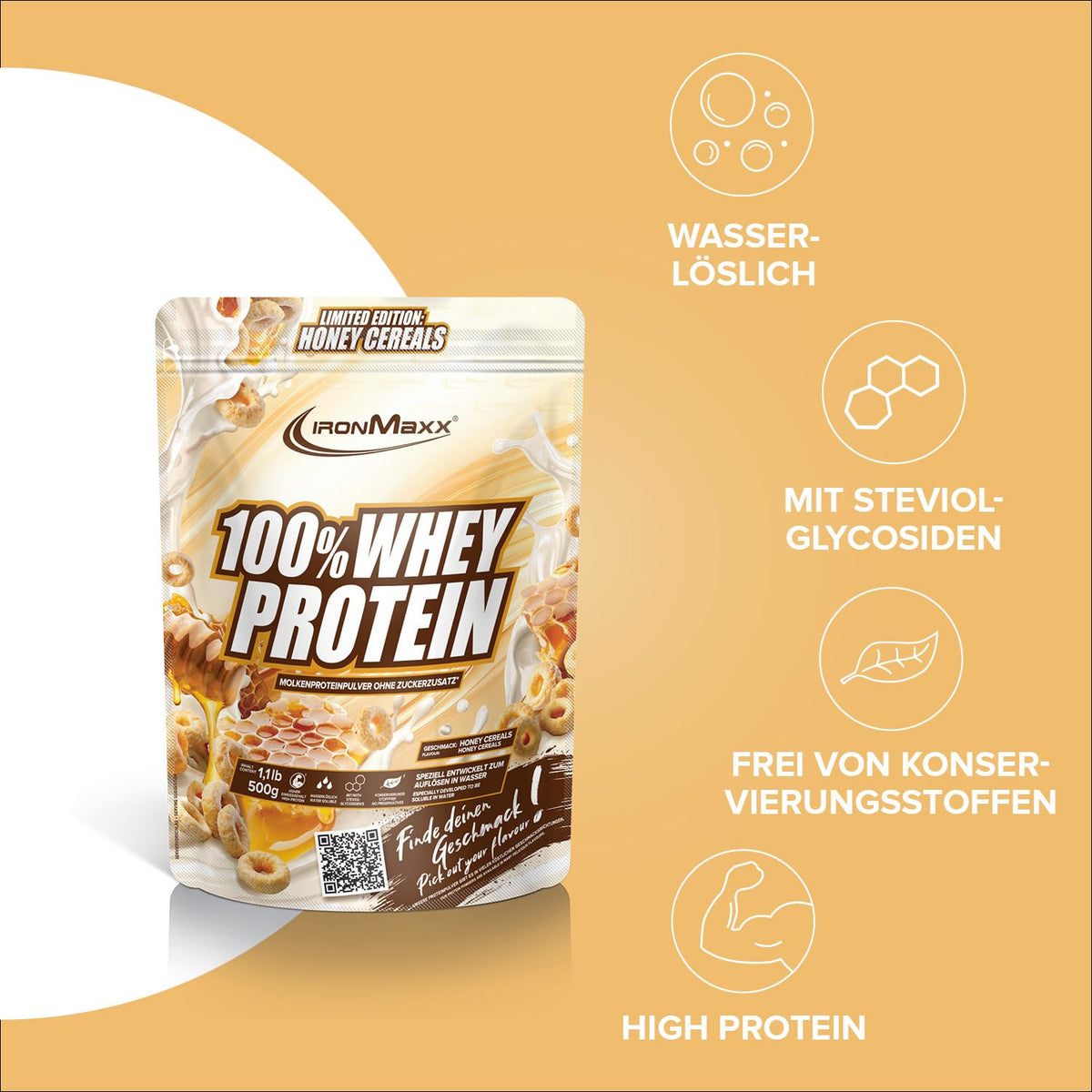 IronMaxx 100% Whey Protein Powder 500g - Honey Cereal | Creamy Protein Shake with BCAAs & EAAs | High Protein, Low Carb & Low Sugar | Ideal for Muscle Building, Diet & Fitness - 42924