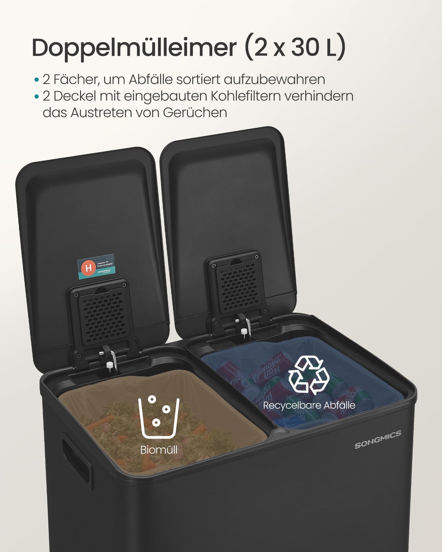 SONGMICS kitchen trash can, 2 x 30 liters, 2 compartments, trash can, pedal trash can, kitchen trash can with soft close lid and inner bucket, steel, including 15 trash bags, ink black LTB741B02