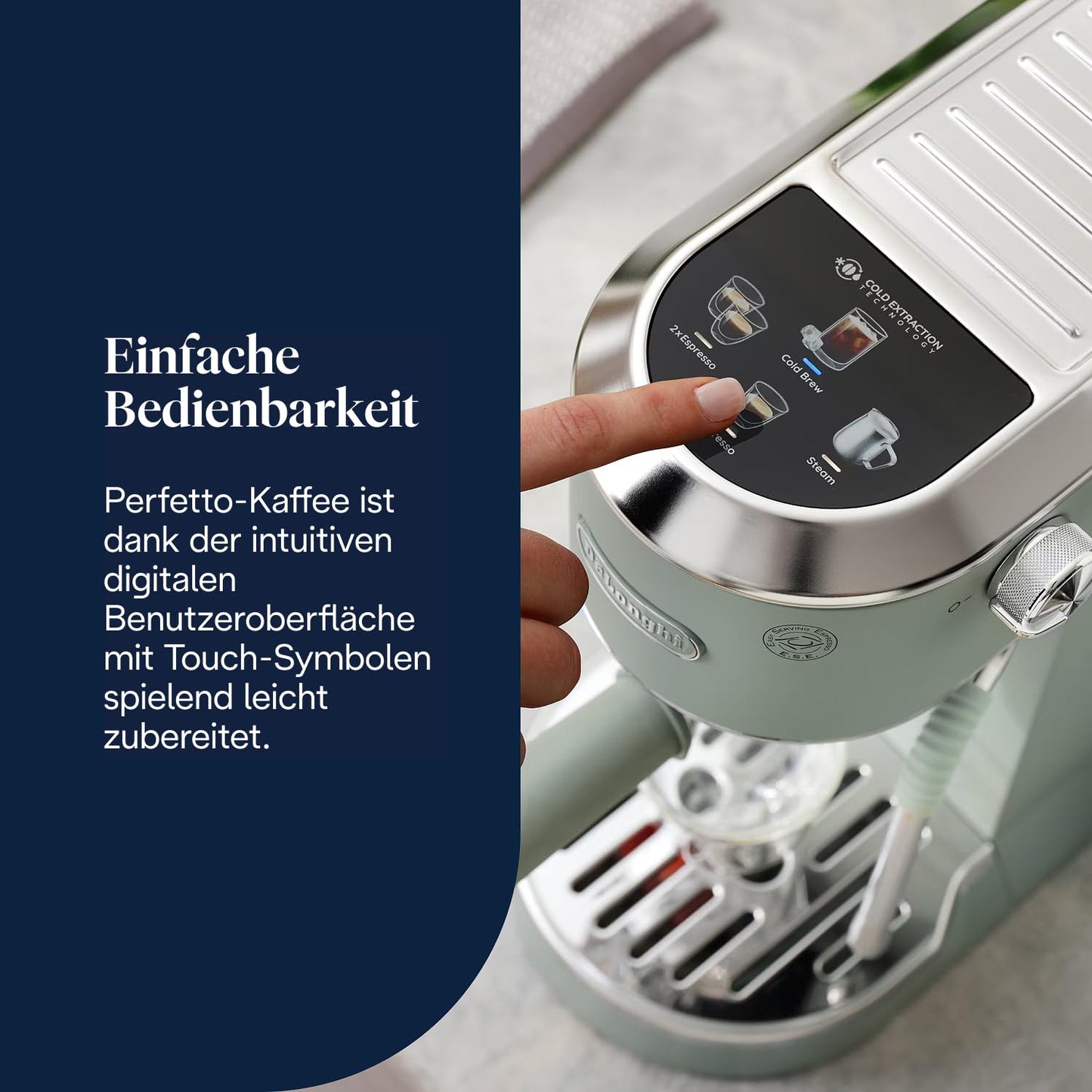 De'Longhi Dedica Duo - Perfetto compact portafilter machine espresso machine with soft-touch icons, manual milk frother for espresso, cappuccino and cold brew, 15cm wide, green (EC890.GR)