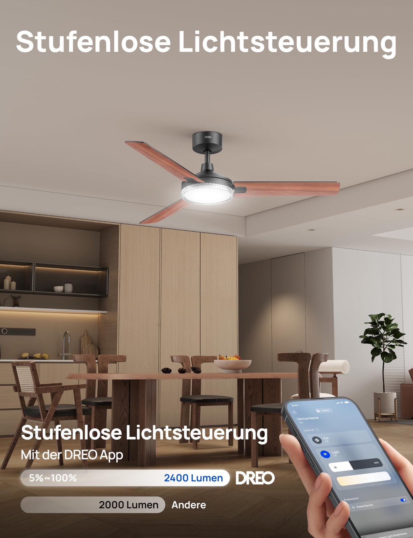 DREO Smart Ceiling Fan with Light, 132cm, 12 Speeds & 3 Modes, Continuous Color Temperature, Dimmable LED, 1-12 Hour Timer, Quiet DC Motor, App & Alexa Control, Wall Switch, Black - DR-HCF004S