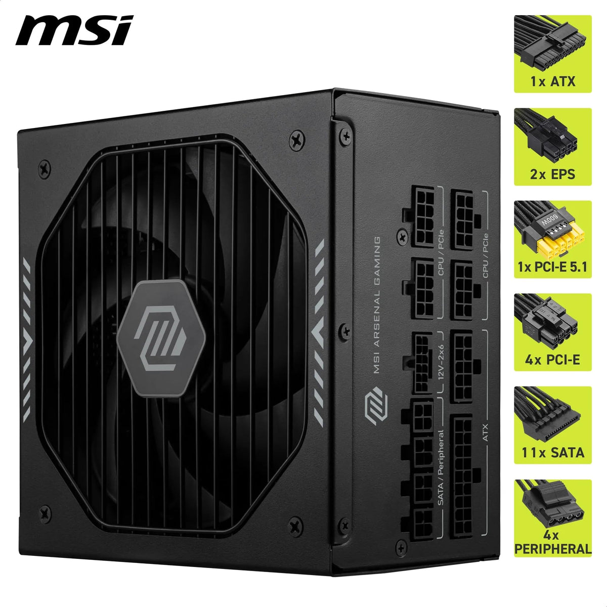MSI MAG A1000GLS PCIE5 Sursă de alimentare, 1000W, 80 Plus Gold, ATX 3.1, suport pentru GPU PCIe 5.1, 12V-2x6 nativ, conector 12V-2x6 bicolor, sursă ATX, cabluri modulare - 306-7ZPIX11-CE0