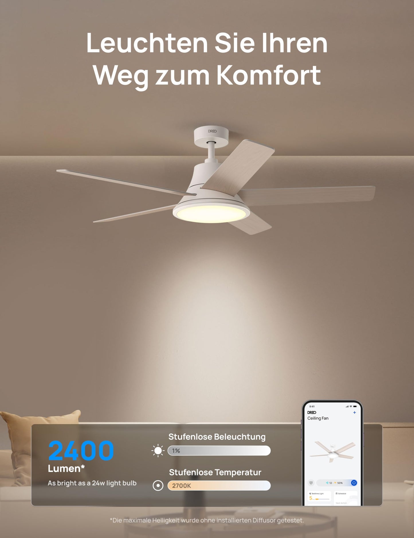 DREO Smart Ceiling Fan with Light, 52" 12 Speeds, 3 Modes, Continuously Dimmable LED Lighting, Quiet DC Motor, 12H Timer, Remote Control/APP/Alexa, Indoor, White - DR-HCF001AS