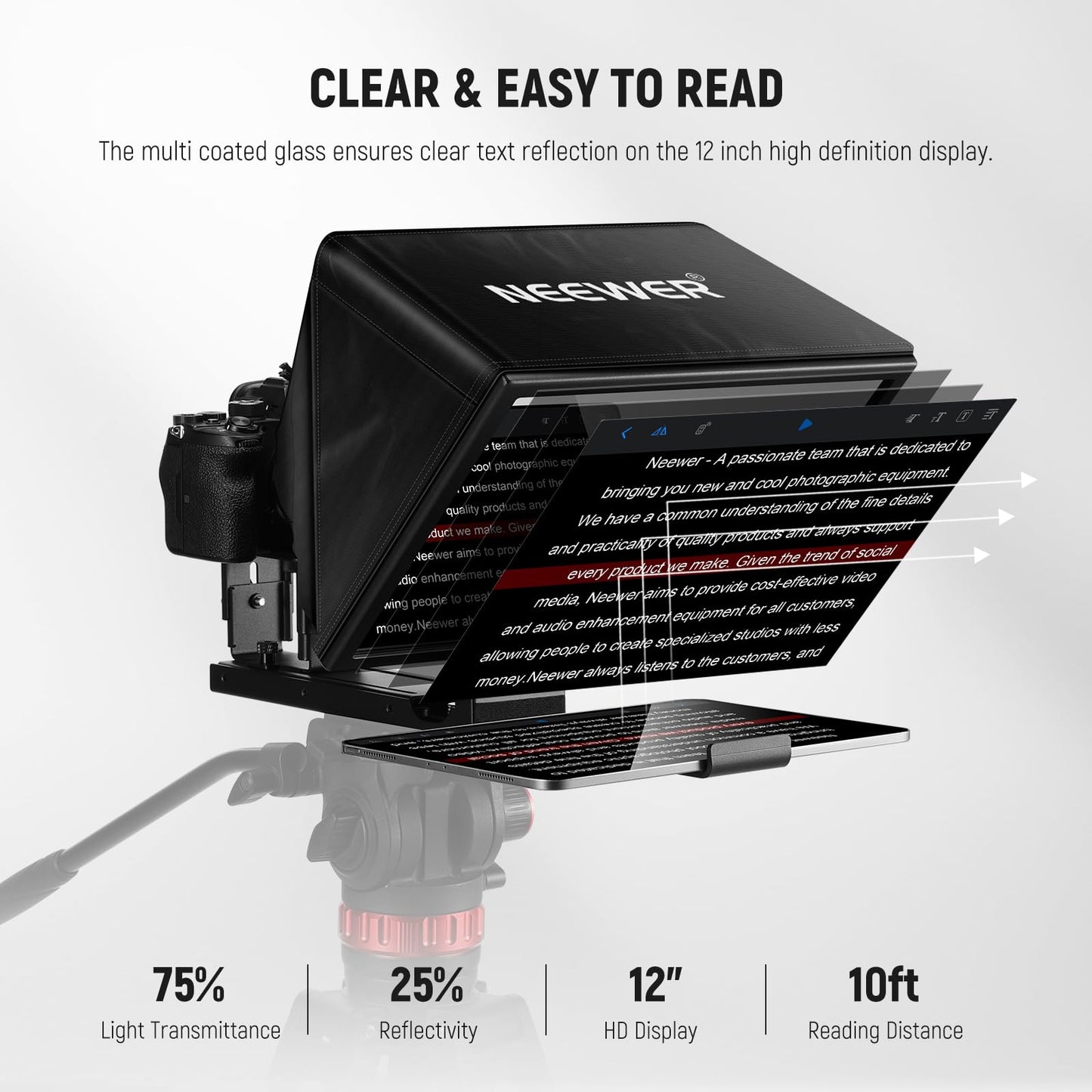 NEEWER BASICS X12B Aluminum Alloy Liftable Teleprompter 12" for iPad Tablet Phone DSLR Camera, Remote Control & App Control, Compatible with iOS Android, Pro for Online Teaching Live Streaming