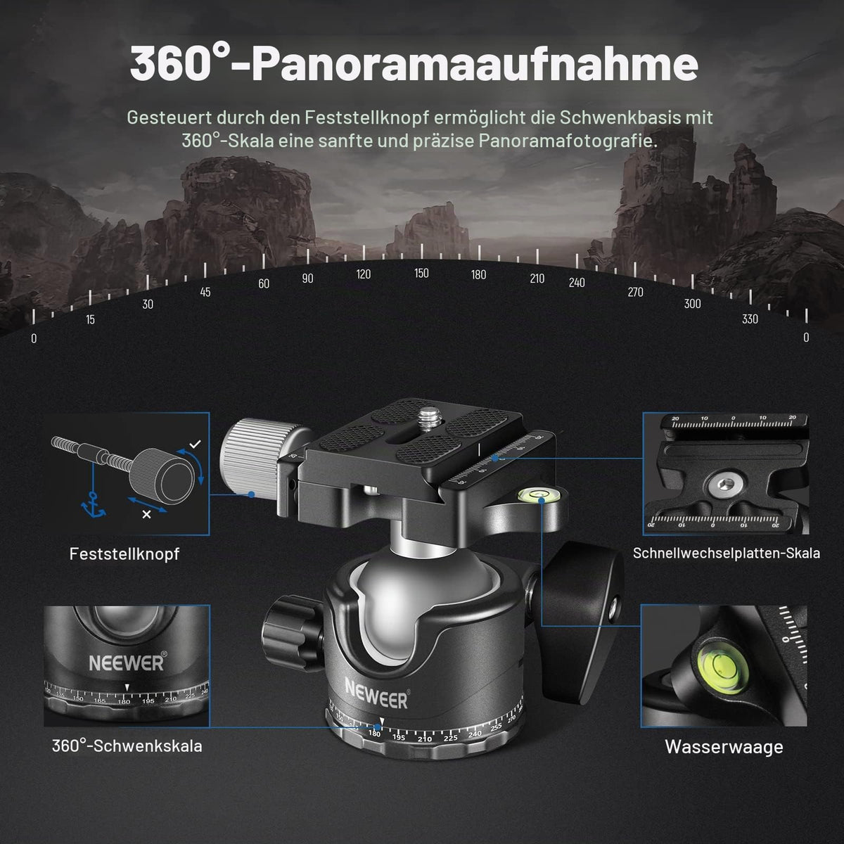 NEEWER Cap de bilă cu profil redus pentru trepied, 36mm metal panoramic, GM36 - GM36/36mm