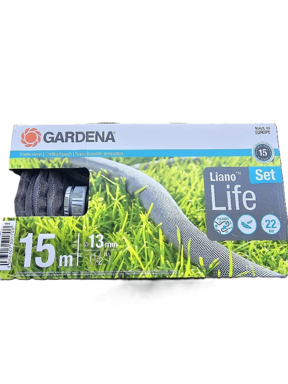 Gardena Liano Life textile hose 1/2 inch, 15m set: highly flexible garden hose made of textile fabric, with PVC inner hose, no kinking, lightweight, weather-resistant (18445-20)